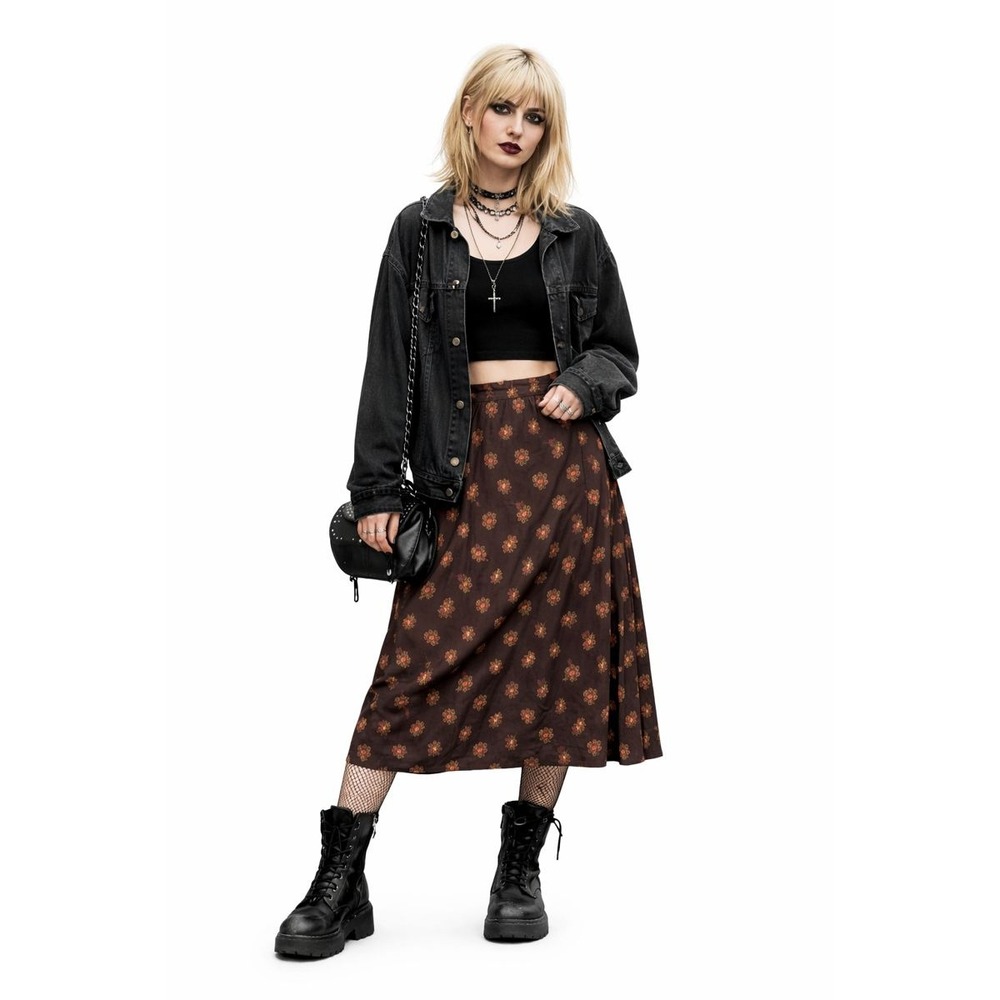 Something Navy Ditsy Floral Print Midi Slip Skirt Brown‎ Retro Large 90s grunge